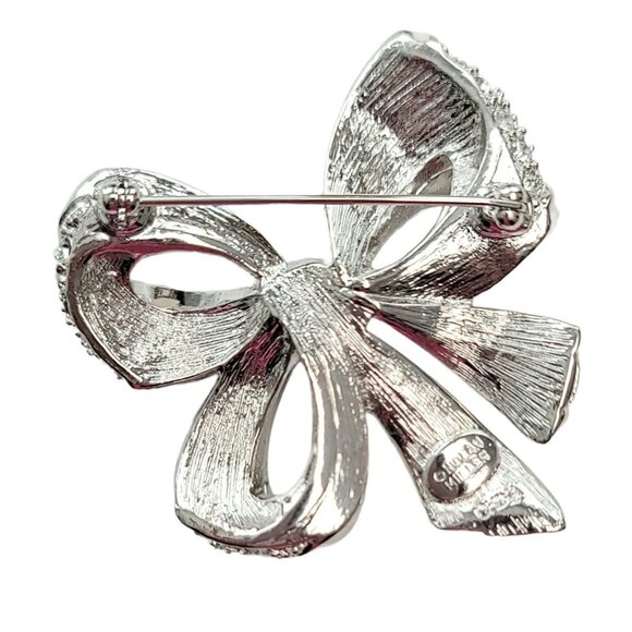 Nolan Miller Vintage Silver Tone White Enamel Clear Rhinestone Bow Brooch Signed - Picture 6 of 9